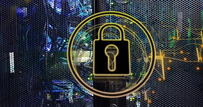 Padlock fading at 3rd second, solidifying lock, brightening ring swirling dots securing server rack