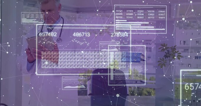 Doctor tapping tablet initiating network overlay and animated data panels updating medical readings