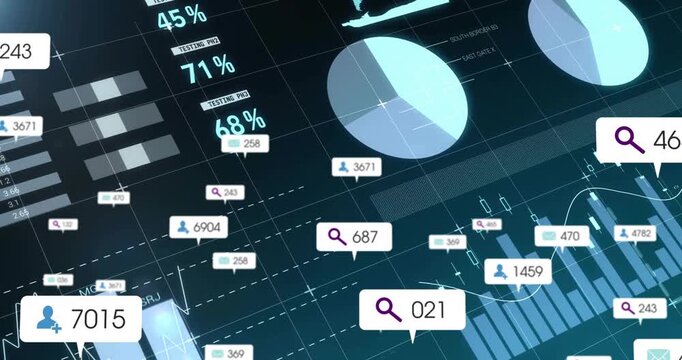 Loading dashboard animating gauge 76% to 53% while chart shifting, tags floating for analytics