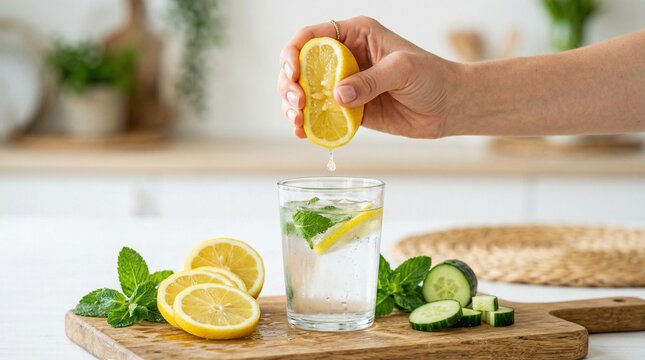 Refreshing summer drink with lemon, mint and cucumber on a wooden board in a kitchen, perfect for detox, hydration and healthy lifestyle, lemon water with ice cubes and slices of citrus fruit and
