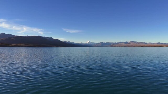 Low flight over Lake Pukaki with Mount Cook in background, New Zealand