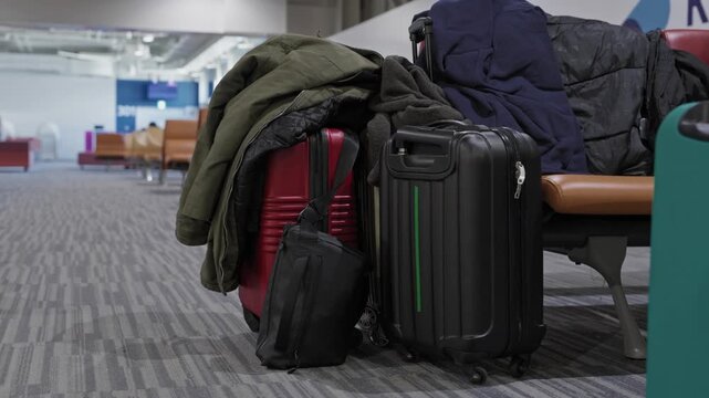 hardshell suitcases with backpack and jackets piled on seats at airport departure gate