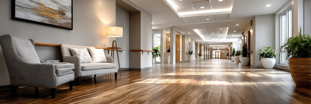 Modern senior living facility hallway bathed in warm light, featuring contemporary seating, wooden floors, greenery and clean lines for a tranquil, welcoming communal space