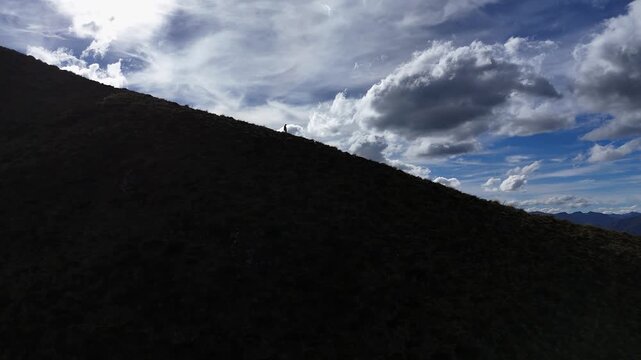 Aerial reveals silhouette of lone hiker on grassy mountain ridge slope