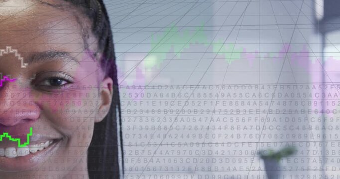 Woman opening eyes smiling reacting to data with code starting and charts animating over tiled grid