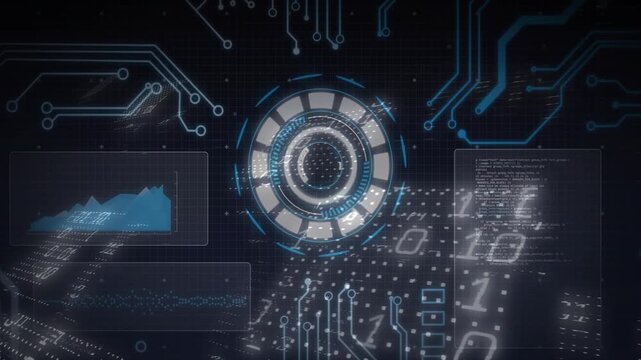 On data stream arrival central HUD hub rotating, pulsing and emitting digits to visualize telemetry