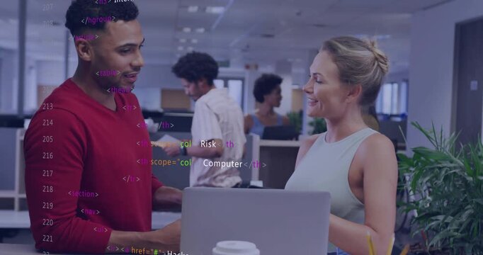 Man greeting woman and glancing at laptop, discussing cybersecurity with code overlay intensifying