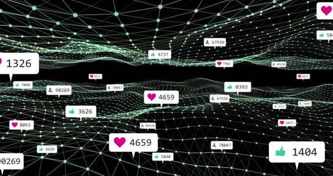Engagement surge driving teal mesh rippling icons emerging clustering updating counts for marketing
