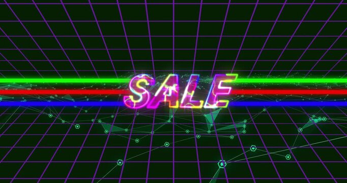 Glowing letter A appearing, transforming into SALE, neon bars sliding, nodes pulsing for retail ad