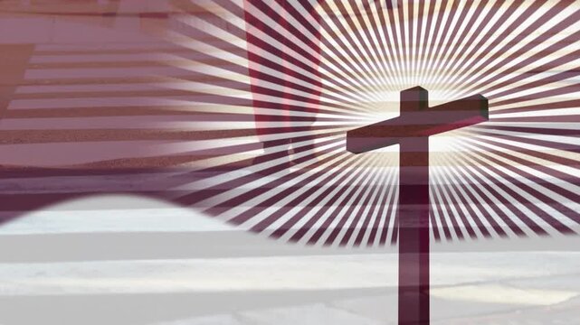 Person appearing descending steps moving left exiting halo pulsing behind cross lines sliding faith
