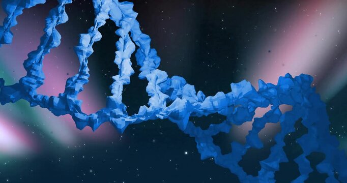 Blue helix entering left, rotating, nearing, revealing loops, rocky face, aurora stars for science