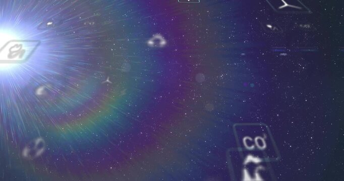 Energy icon cluster drifting across starfield, left flare initiating spread while showing metrics