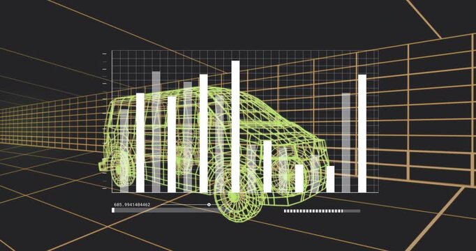 Progress slider moving, bar chart updating around wireframe van in grid tunnel for tech demo