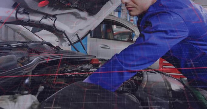 Auto tech leaning over engine bay scanning wiring and tuning intake while red grid marks gap