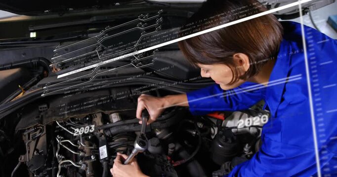 Hood opening, mechanic tightening bolts with ratchet while timeline lines marking years for repair