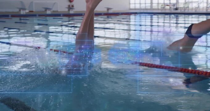 Lead swimmer pushing off on start signal, diving into water, blue overlay marking wake for swimming