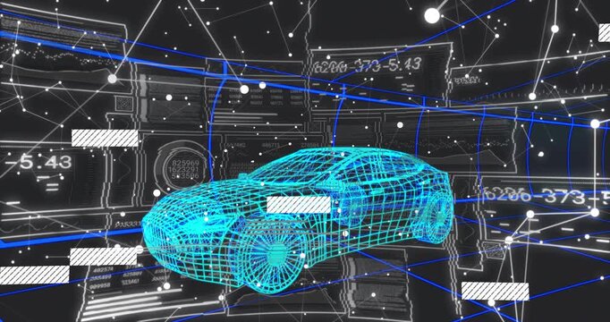 Cyan 3D car rotating while auto scan starting, panels sliding and forming network overlays over car