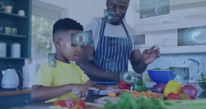 Son starting slicing carrot in cooking demo for dinner father guiding holding bowl UI appearing