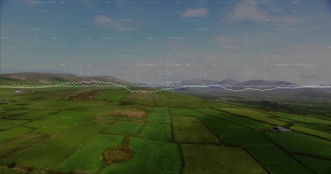 Aerial glide advancing, dotted waveform pulsing over hills and farmland, visualizing farming data