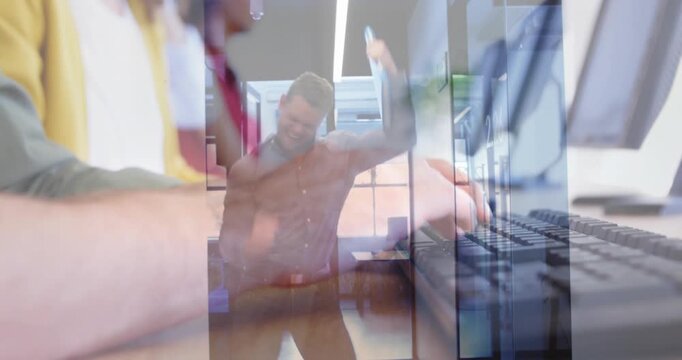 Male office worker entering glass doors, walking hall, causing typing overlays for desk arrival