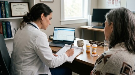Obraz premium Female doctor consulting a senior female patient in a clinic, discussing treatment and medication options on a laptop, with prescription bottles on the desk. Medical consultation and healthcare