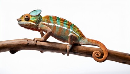 Fototapeta premium Chameleon Climbing On Branch White Isolated Background