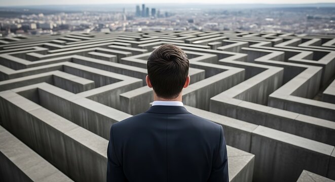 Man in suit faces a large, complex maze with city skyline in the distance