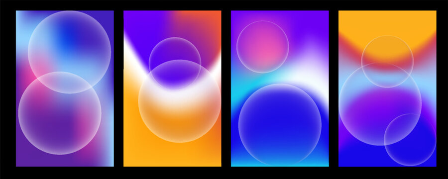 A collection of futuristic abstract posters. Bright, blurry gradients and defocused white spheres for creative graphic design. Eps 10