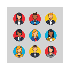 Fototapeta premium Nine diverse professional icons with headsets and business attire in colorful circles
