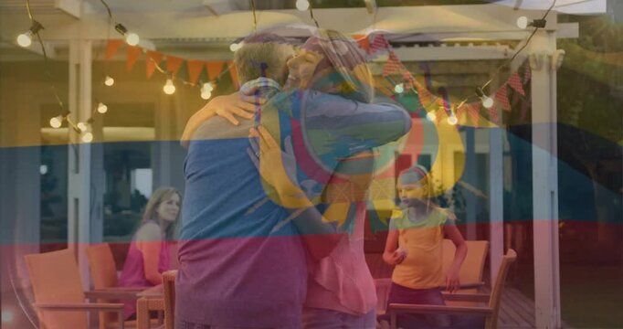 Senior man greeting woman, touching face under lights, spinning then hugging, tech overlay pulsing