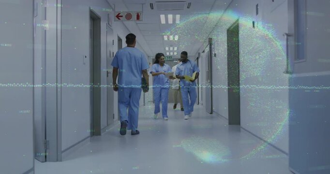 Two staff entering hall, walking, consulting clipboard, yellow folder for patient care, overlays