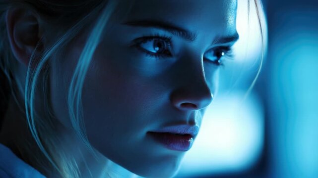 Female character with serious expression looking at the camera.