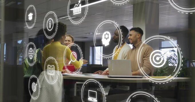 Team leaning table woman leading reaching joining hands glass icons laptop or docs showing unity tec