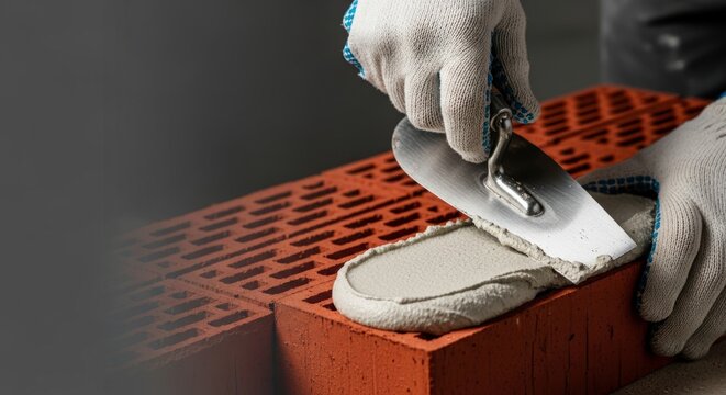 Construction worker applying cement mortar on red bricks at building site