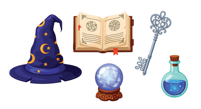 A collection of mystical wizardry artifacts including a pointed starry hat and an open grimoire rests against a clean white background with soft shadows.