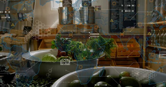 World map fading in over market counter, animating data nodes and linking produce to global supply