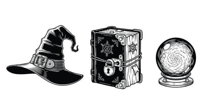 A detailed black and white woodcut style illustration of mystical artifacts including a classic pointed witch hat and a heavy locked ancient spellbook object.