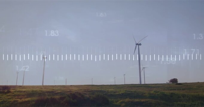 Wind gusts starting turbines rotating and orange waveform rising, visualizing numeric readouts