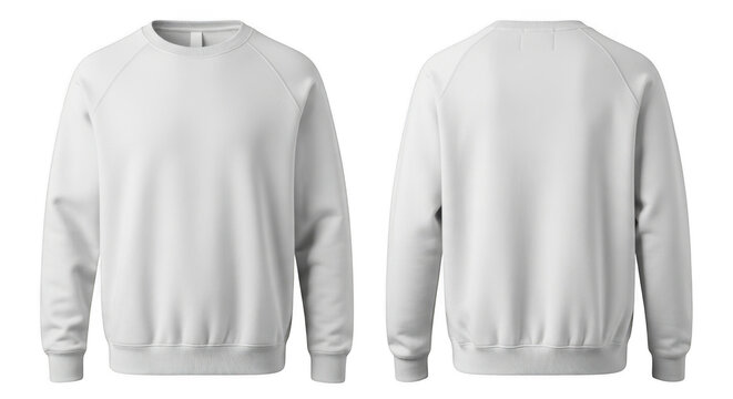 White long-sleeved crew neck sweatshirt with ribbed cuffs and hem isolated on transparent background,png
