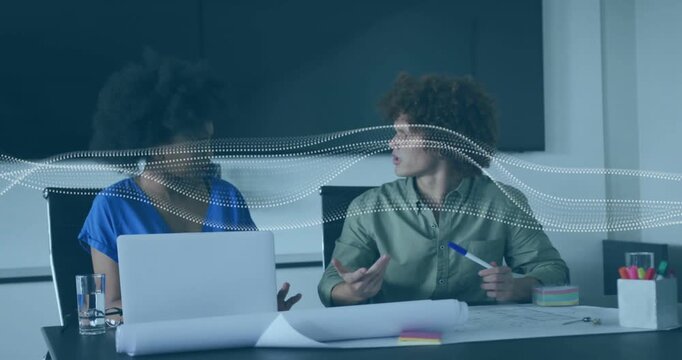 Left woman starting talk, right man marking, dotted wave overlay guiding laptop entry for business