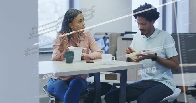 Woman glancing, mug nearby; man replying, eating at office lunch; year labels sweeping, hiding them