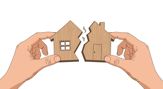 Detailed graphic showing two hands separating a fractured wooden house icon into two distinct pieces against a bright white background with warm skin tones.