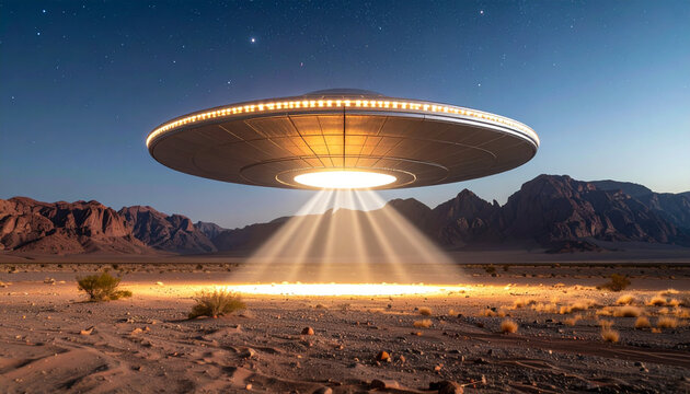 Alien circular shiny metal flying saucer over the empty desert, illustration. AI