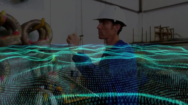Tech raising probe, probing rigging, testing safety in workshop while teal wave sweeping lower half