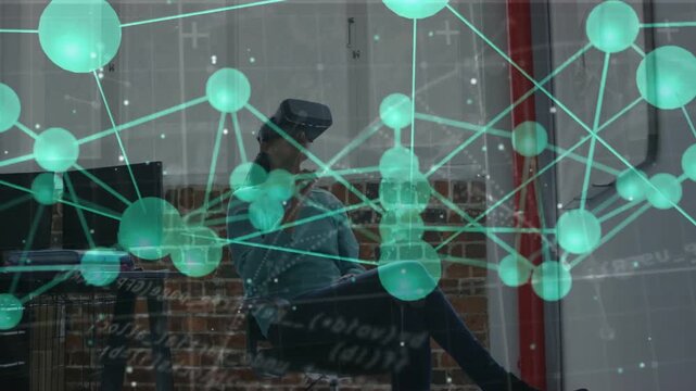 Woman sitting behind glass, adjusting headset and exploring tech, teal network drifting across face