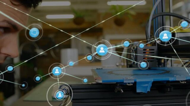Tech leaning into 3D printer as blue nodes emerging above bed growing network, inspecting nozzle