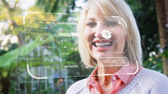Woman smiling in yard AR order appearing, package icon pulsing, confirm btn highlighting to confirm