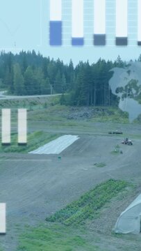 Vertical video: Farmer tending tunnel plants while charts fading and showing crop rows for mapping