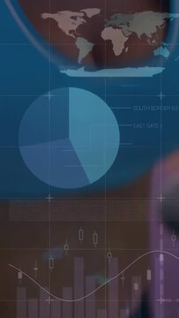Vertical video: Data analyst getting alert lifting phone holding pen viewing live charts over face