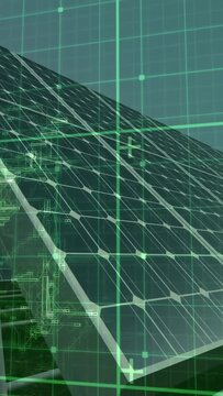 Vertical video: Low-angle camera moving across solar array, causing green HUD grid testing PV cells
